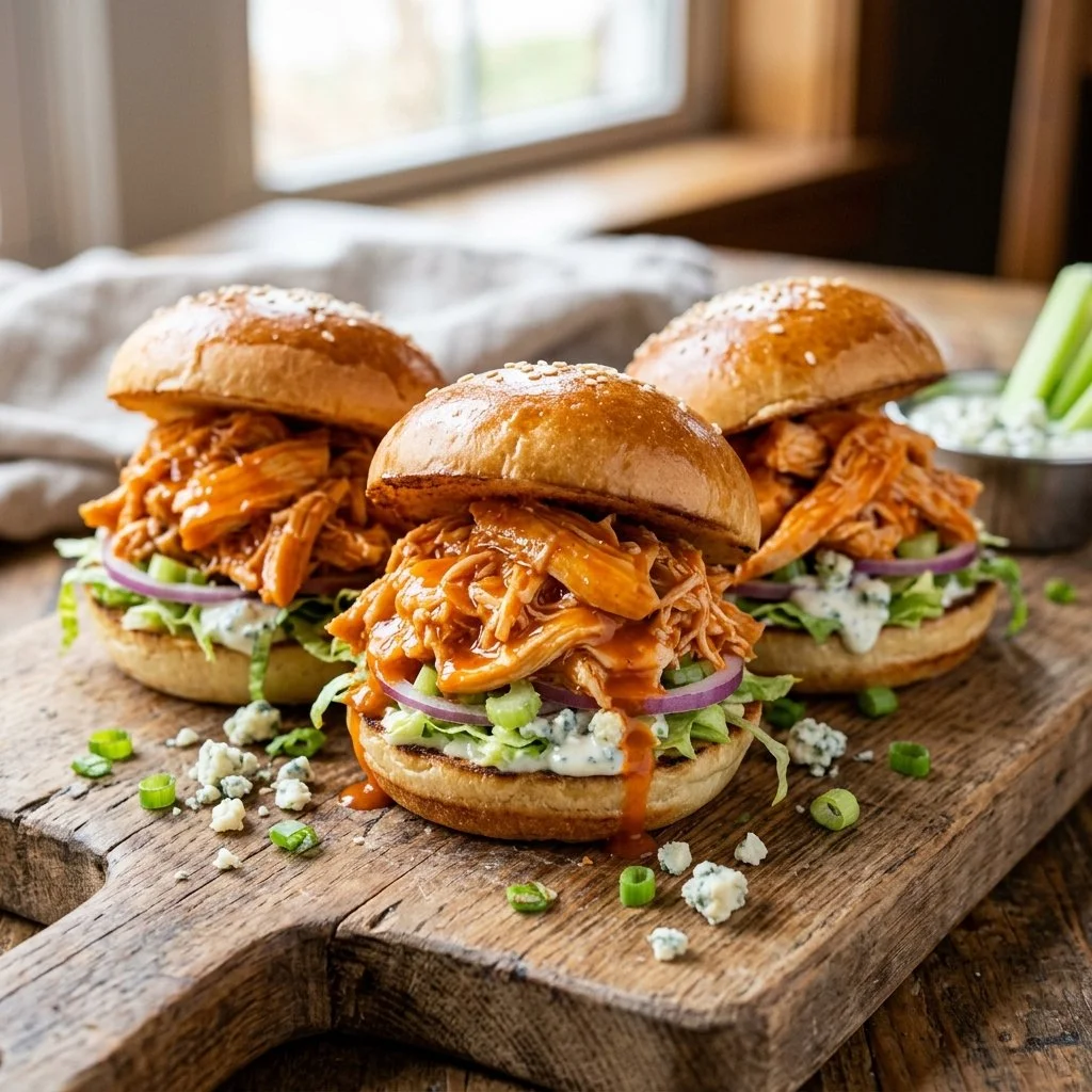 Buffalo Chicken Sliders served with dipping sauce on a platter