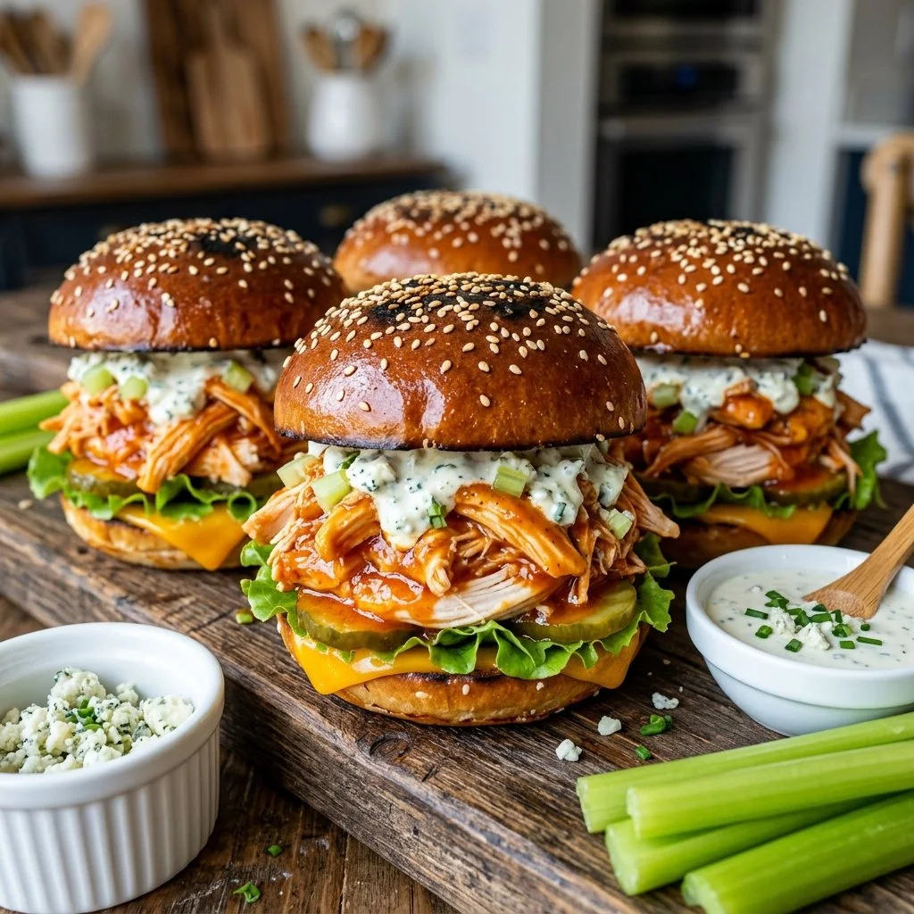 Buffalo Chicken Sliders served with dipping sauce on a platter
