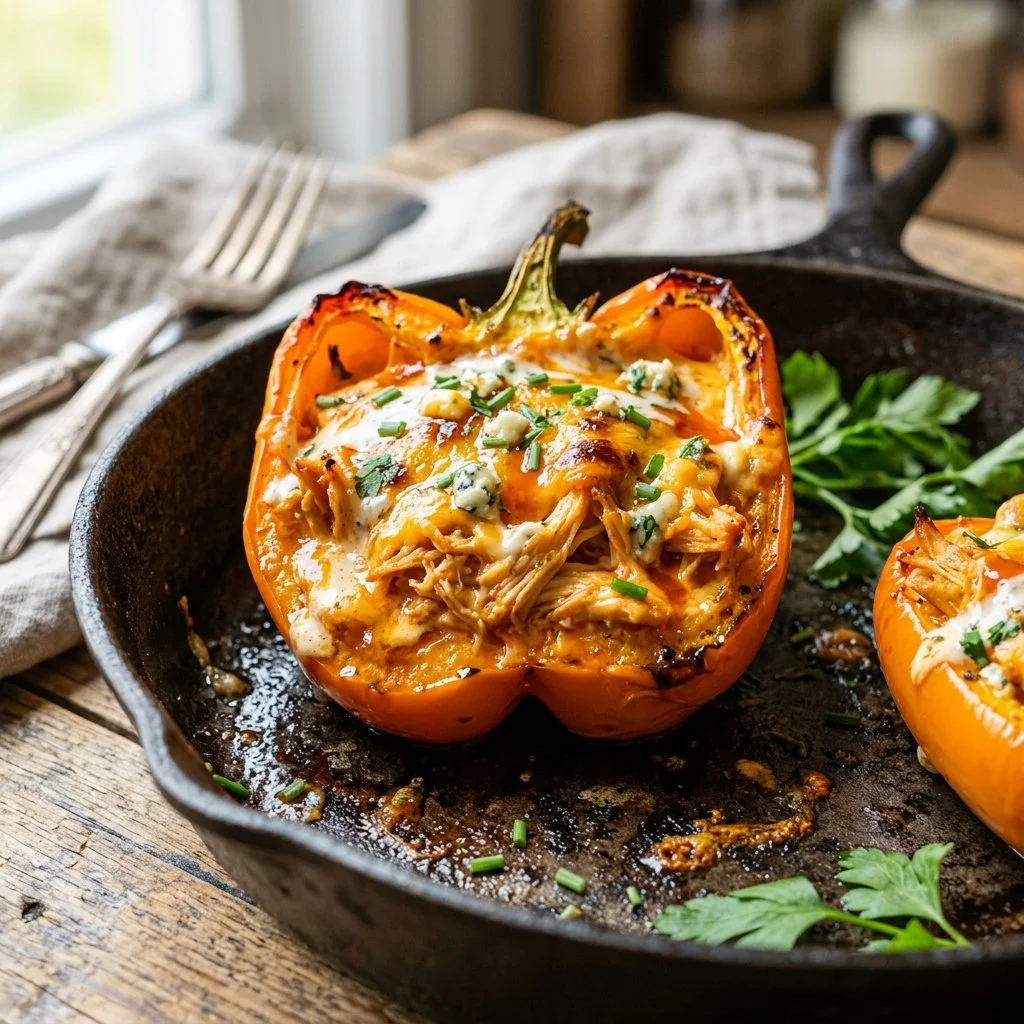 Buffalo Chicken Stuffed Peppers, a spicy and flavorful dish in a bell pepper