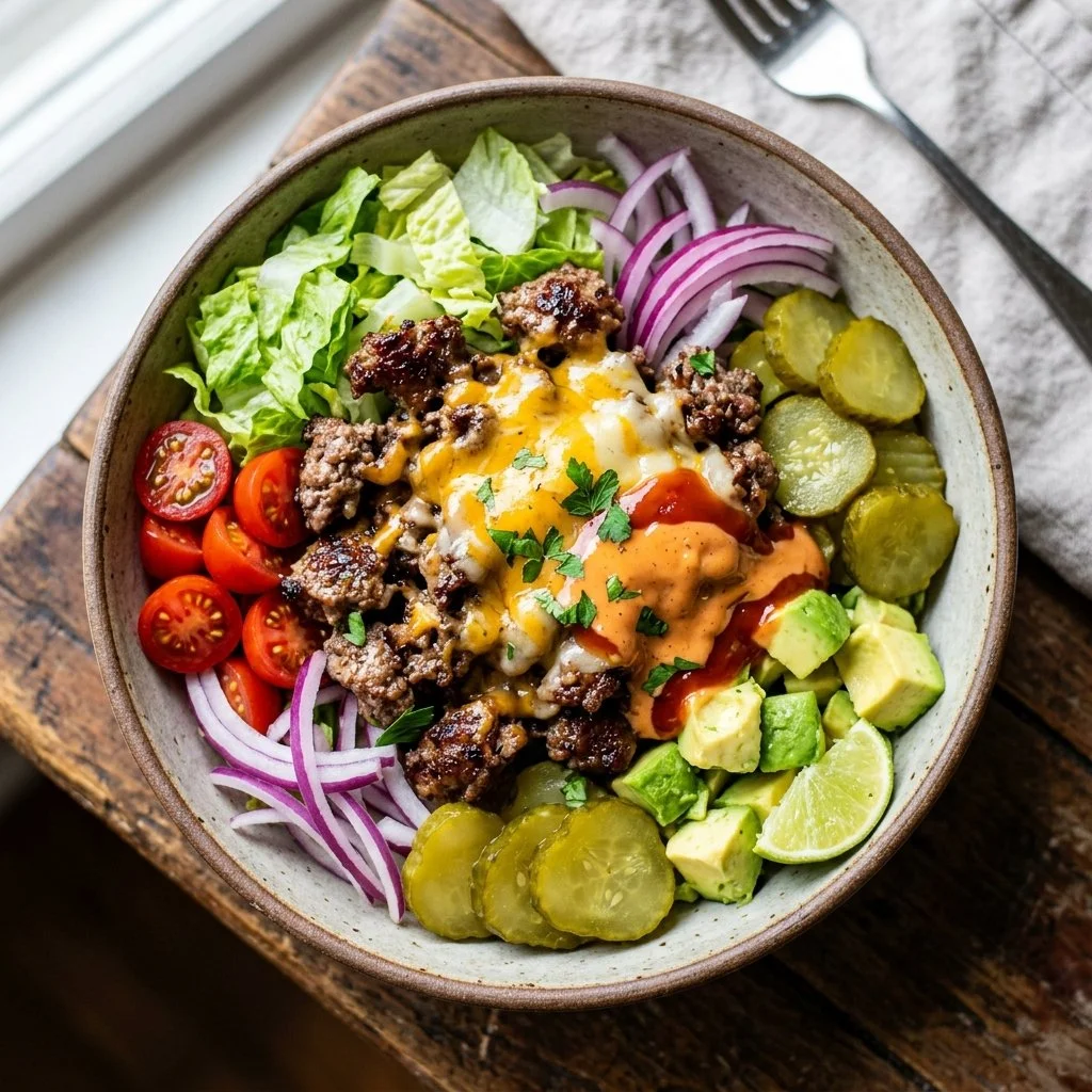 Delicious burger bowls with fresh toppings and ingredients