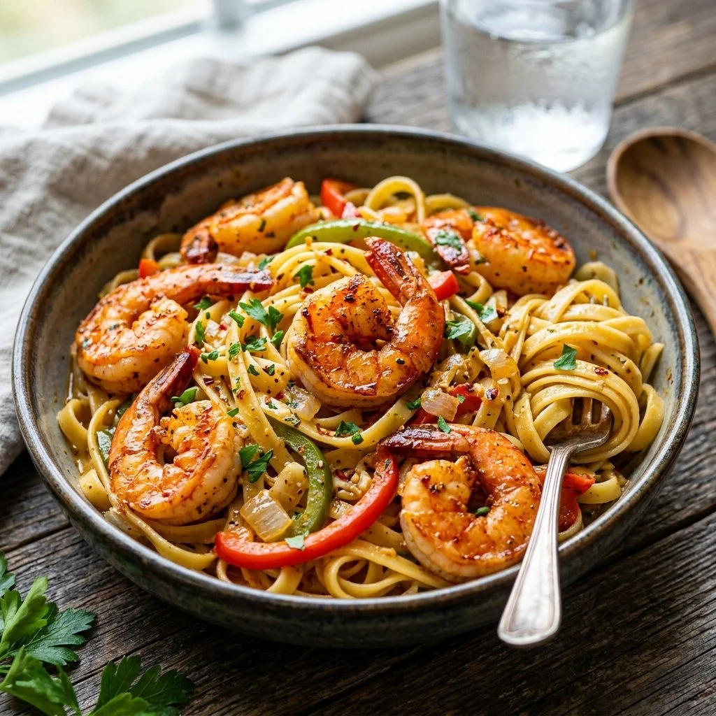 Delicious Cajun Shrimp Pasta with vibrant spices and shrimp in a creamy sauce