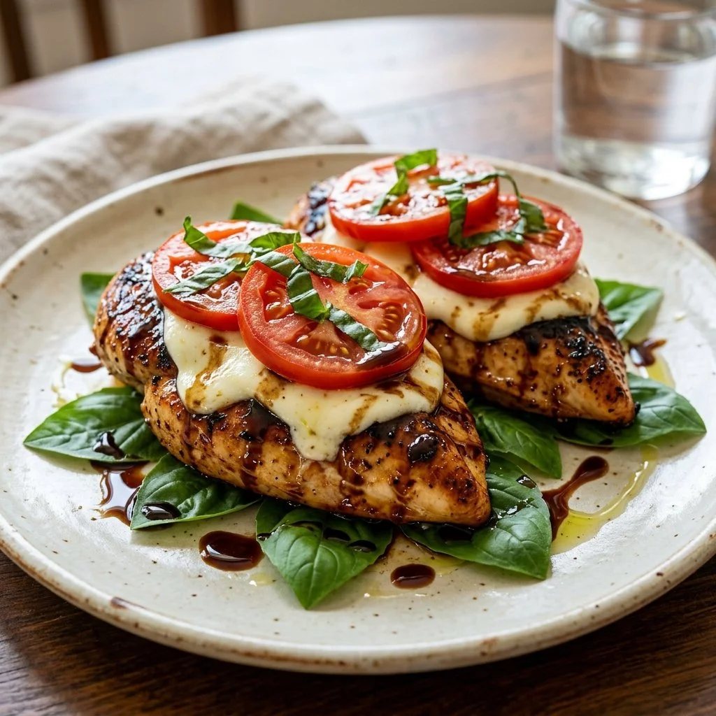 Delicious Caprese Chicken with tomatoes, mozzarella, and basil served on a plate.