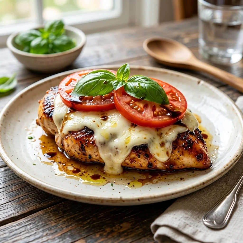Delicious Caprese Chicken garnished with fresh basil and mozzarella
