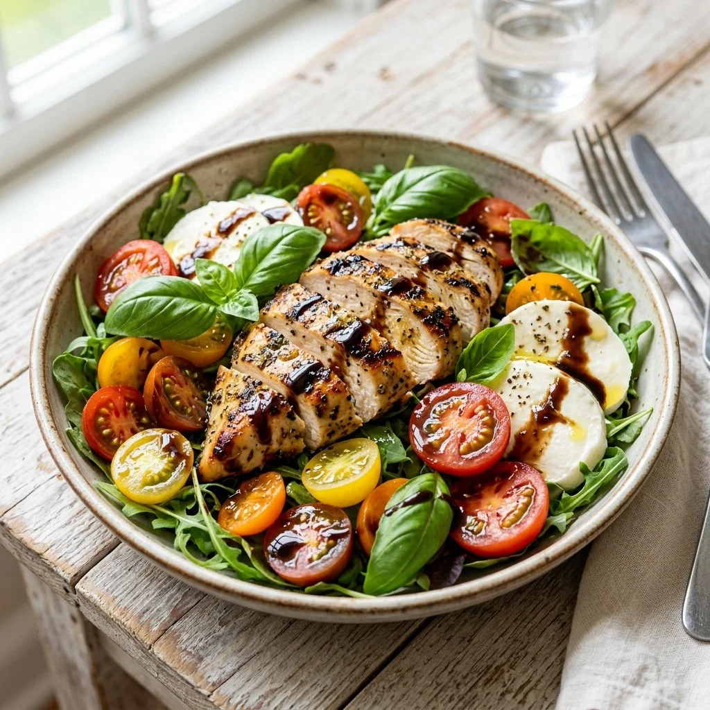 Delicious Caprese Chicken Salad with chicken, mozzarella, tomatoes, and fresh basil