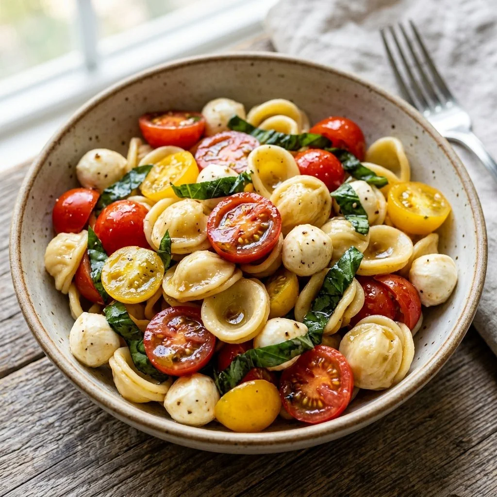 Fresh Caprese Pasta Salad with tomatoes, mozzarella, and basil.