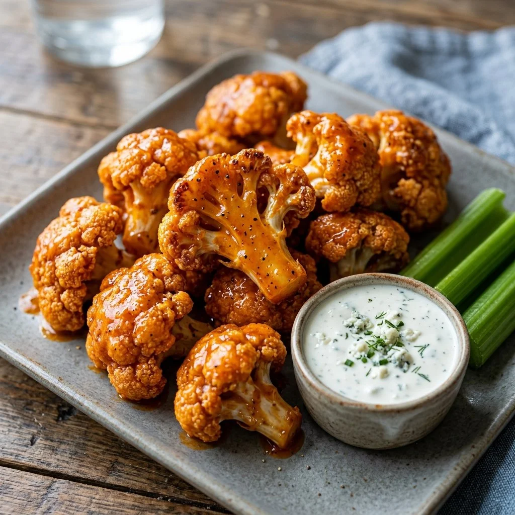 Crispy Cauliflower Buffalo Wings served with dipping sauce on a plate