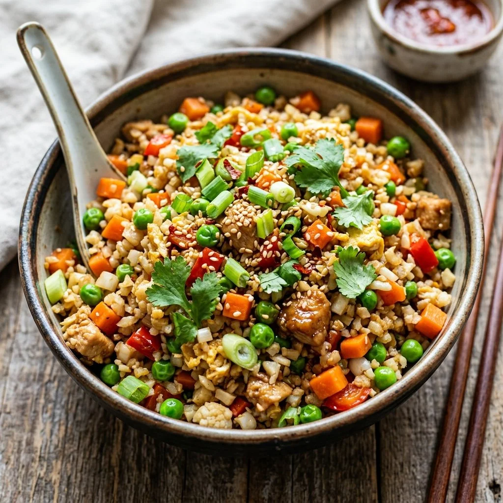 Bowl of flavorful cauliflower fried rice with mixed vegetables and herbs