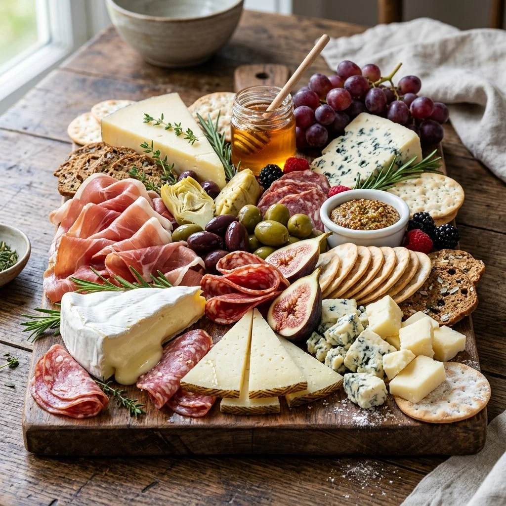 An elegant charcuterie board featuring assorted meats, cheeses, and fresh fruits.