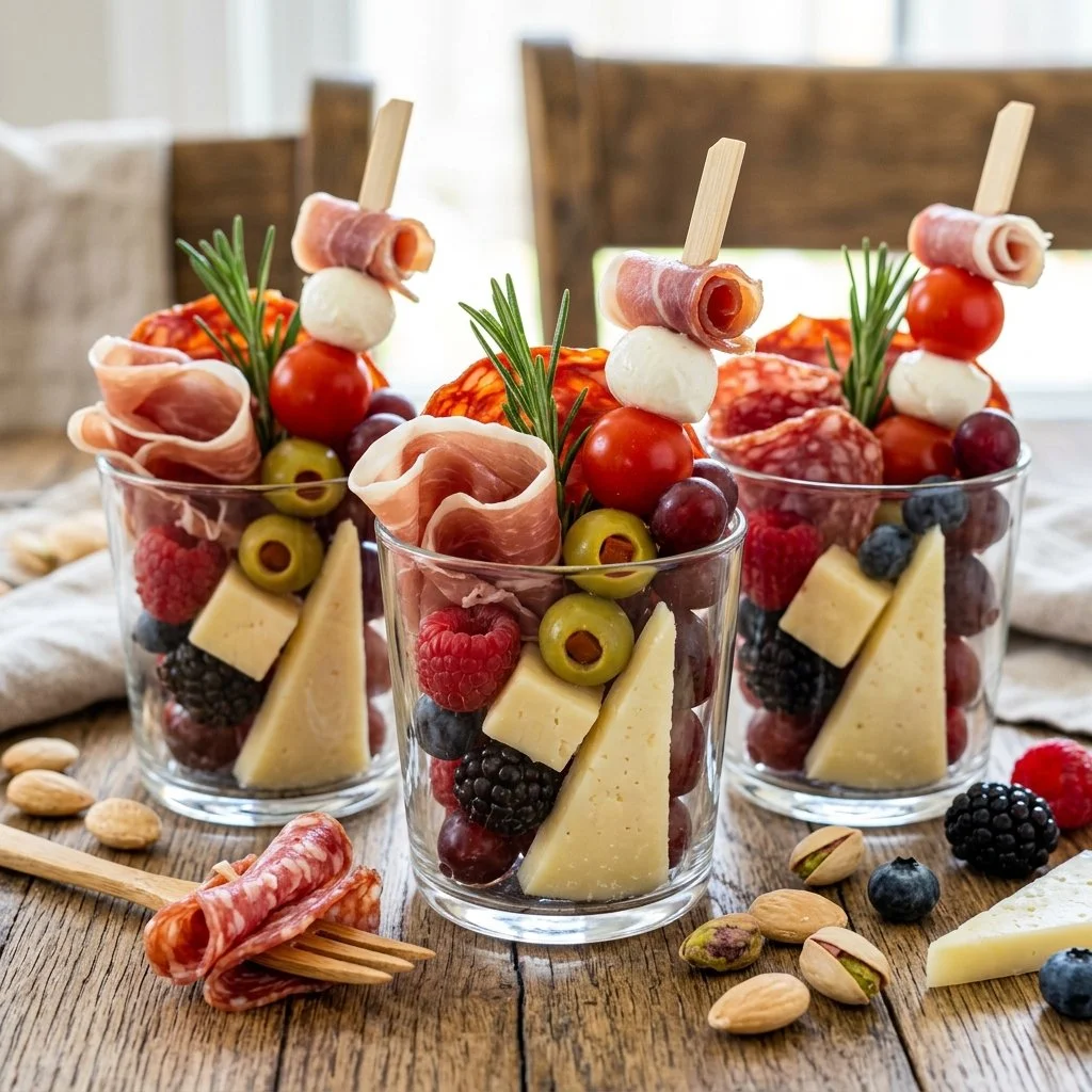 Colorful charcuterie board cups filled with meats, cheeses, and garnishes