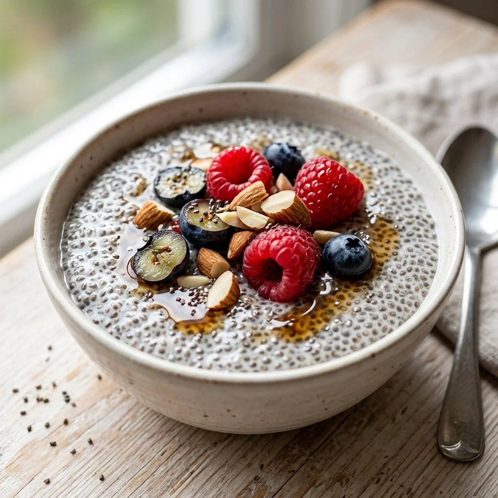 Nutritious chia seed pudding topped with fresh berries and nuts.