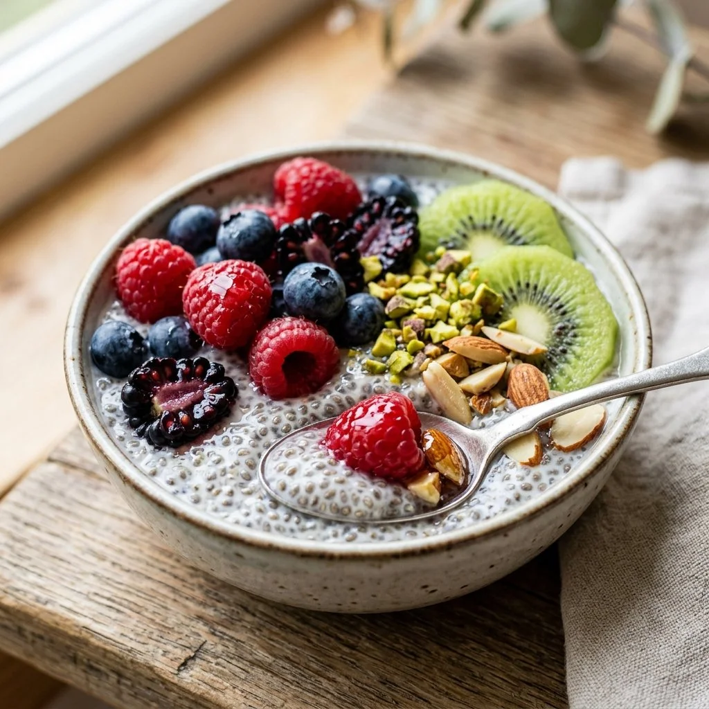 Delicious chia seed pudding topped with fresh fruits and nuts