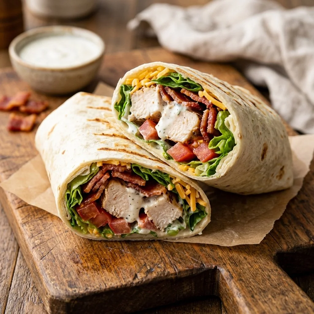 Delicious Chicken Bacon Ranch Wraps with crispy bacon and fresh ingredients
