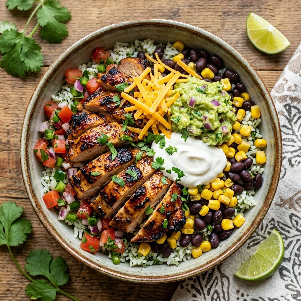 Delicious Chicken Burrito Bowl with fresh ingredients and vibrant colors.