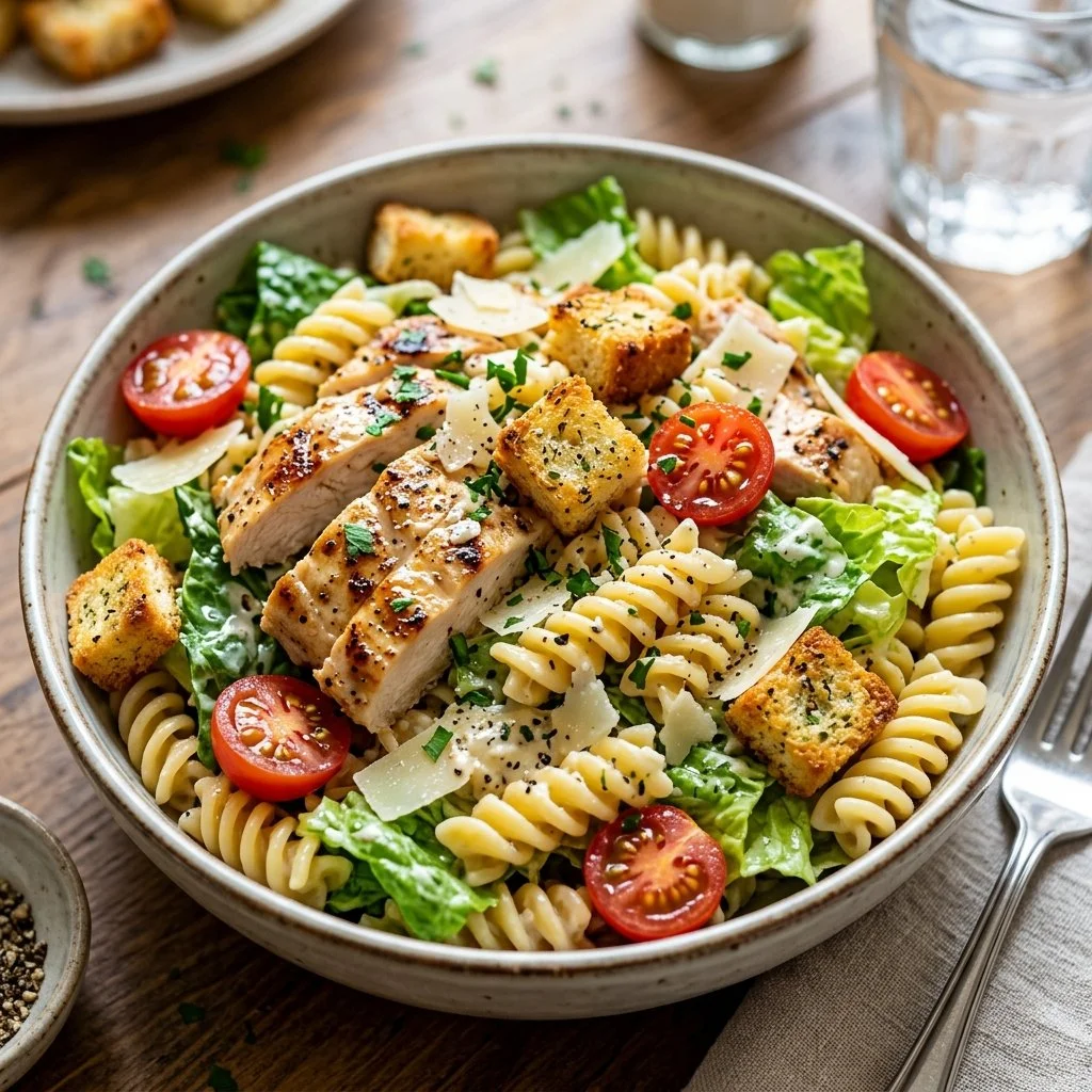 Delicious Chicken Caesar Pasta Salad served in a bowl with dressing and toppings