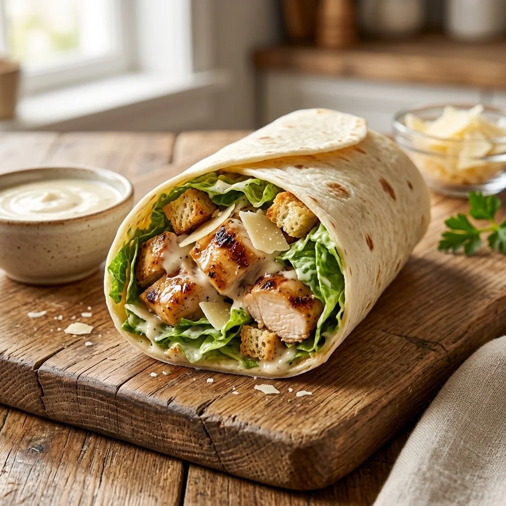 Chicken Caesar Salad Wrap with fresh ingredients and dressing