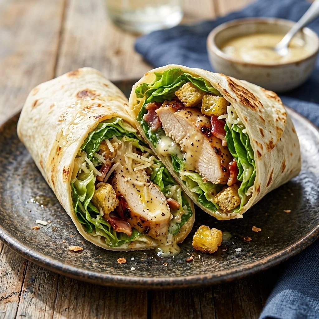 Delicious Chicken Caesar Wrap filled with grilled chicken, romaine lettuce, and Caesar dressing
