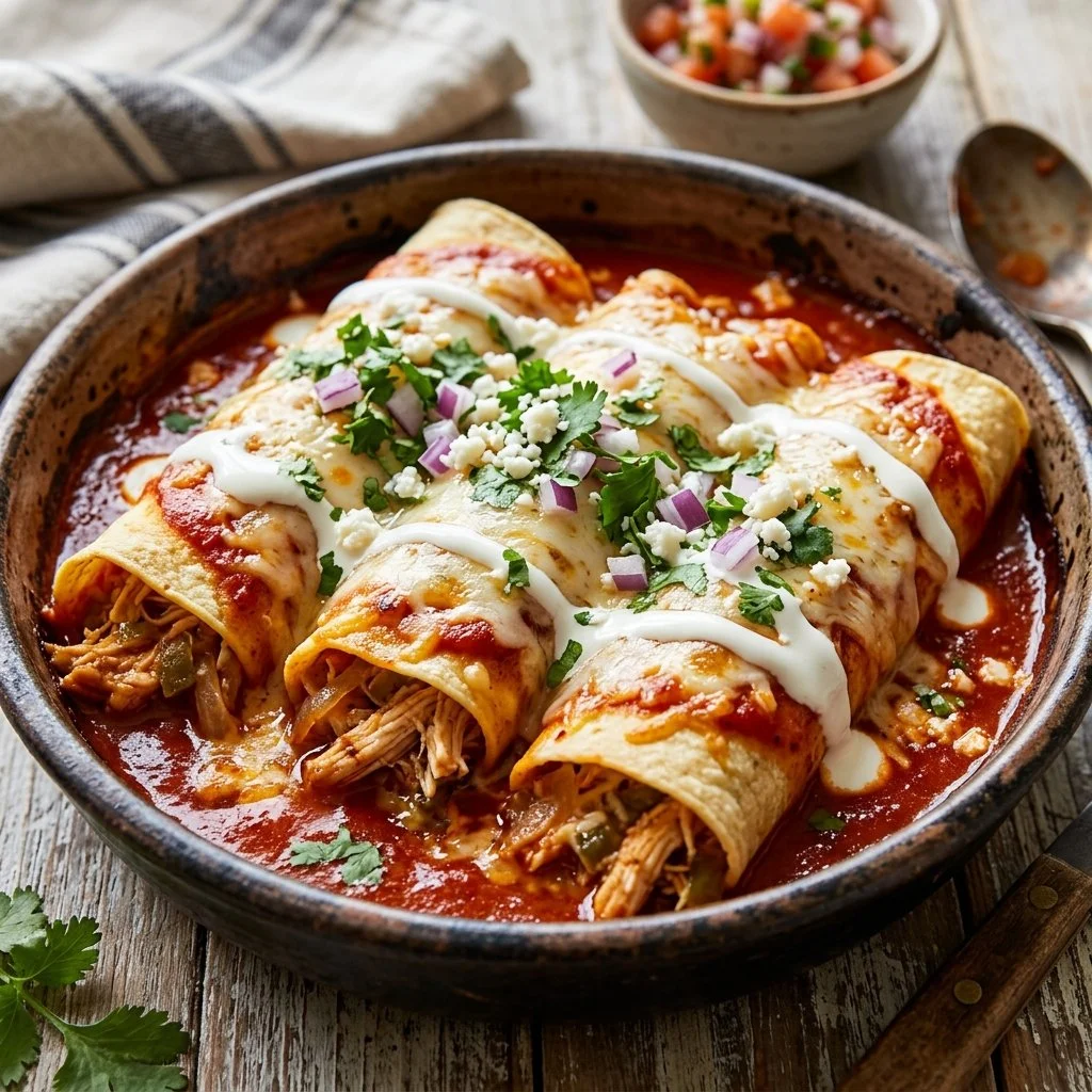 Delicious Chicken Enchiladas topped with cheese and salsa in a serving dish.