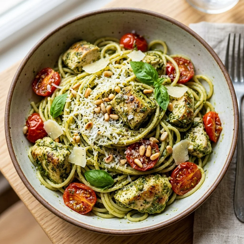 Creamy chicken pesto pasta topped with fresh basil and parmesan cheese