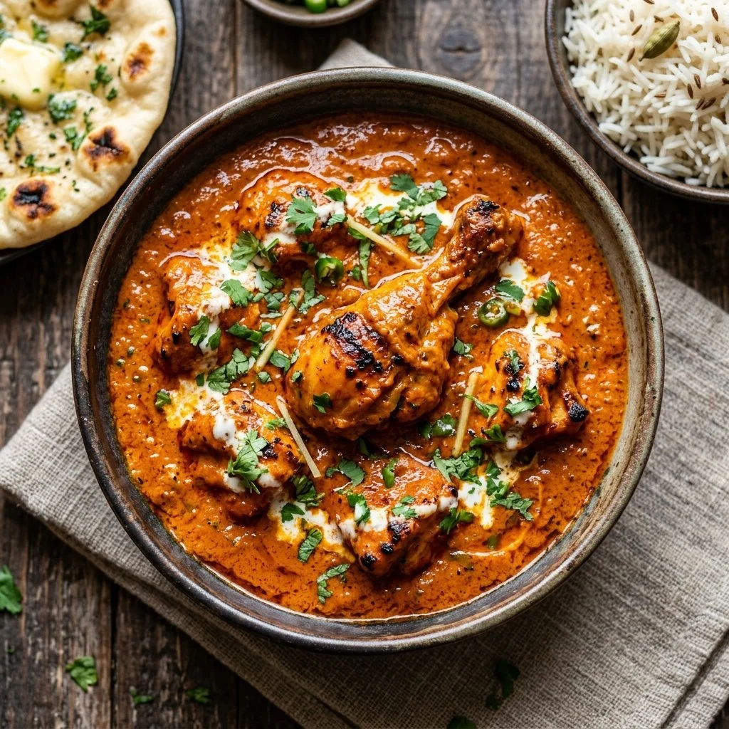 Delicious Chicken Tikka Masala served with rice and garnished with cilantro.