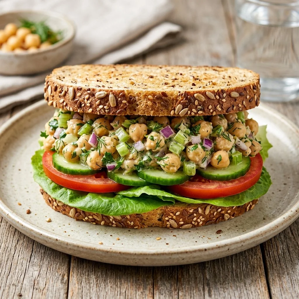 Chickpea salad sandwich with fresh ingredients and herbs