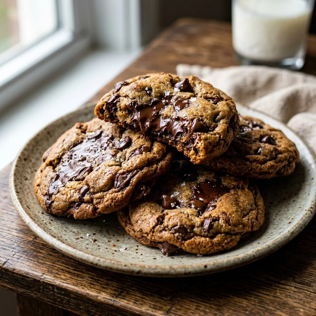 Freshly baked chocolate chip cookies on a cooling rack