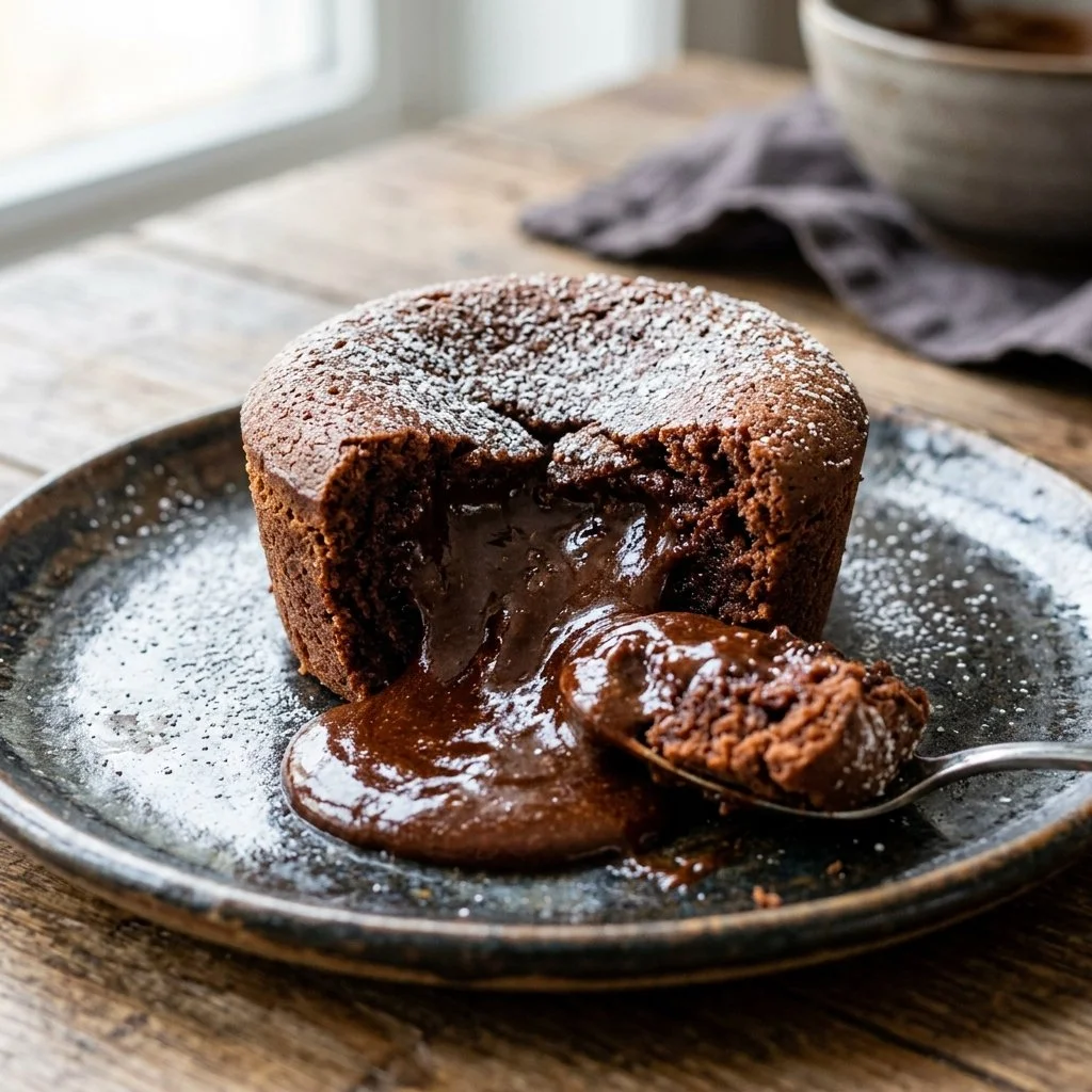 Decadent chocolate lava cake with molten chocolate center