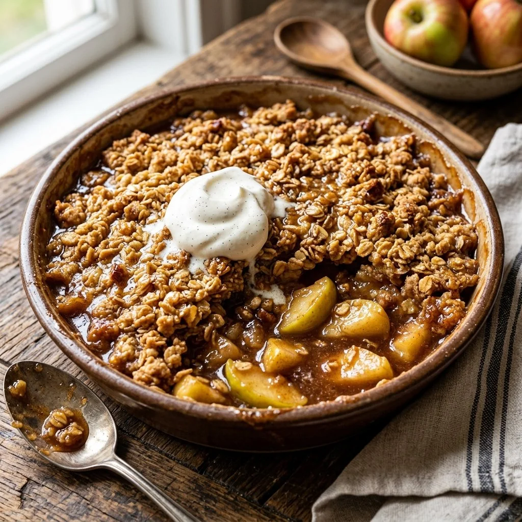 Classic apple crisp dessert with a crunchy topping and fresh apple slices