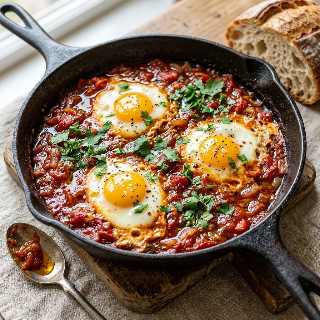 Classic Shakshuka with poached eggs in a rich tomato sauce served in a skillet