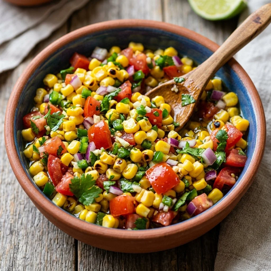 Bowl of homemade corn salsa with fresh ingredients and vibrant colors
