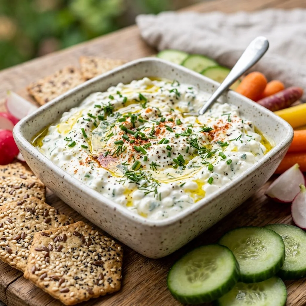 Delicious cottage cheese dip garnished with herbs in a bowl