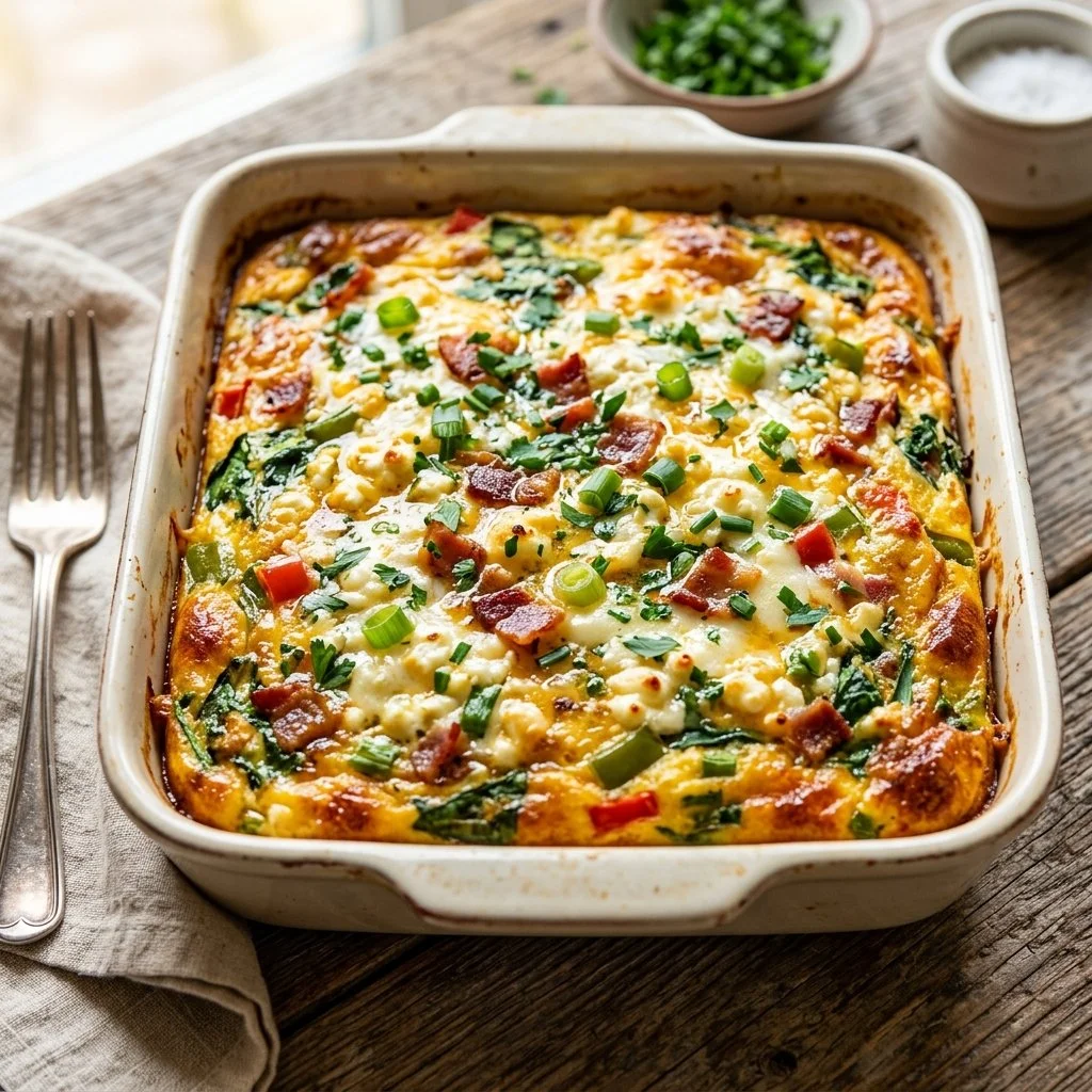 Delicious cottage cheese egg bake served on a plate garnished with herbs.