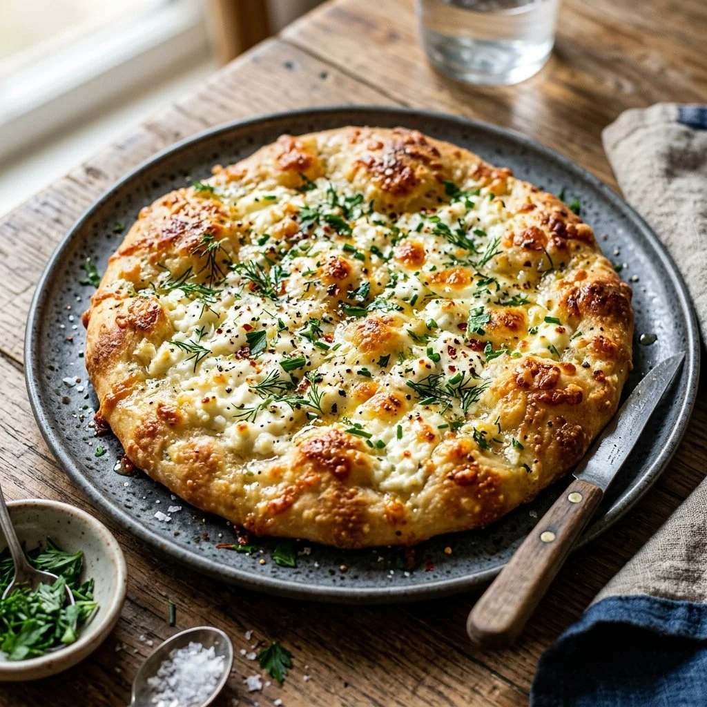 Homemade cottage cheese flatbread served with toppings