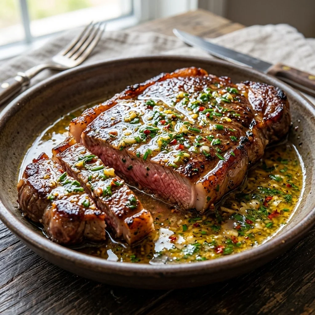 Delicious Cowboy Butter Steak with a flavorful butter sauce on a wooden board
