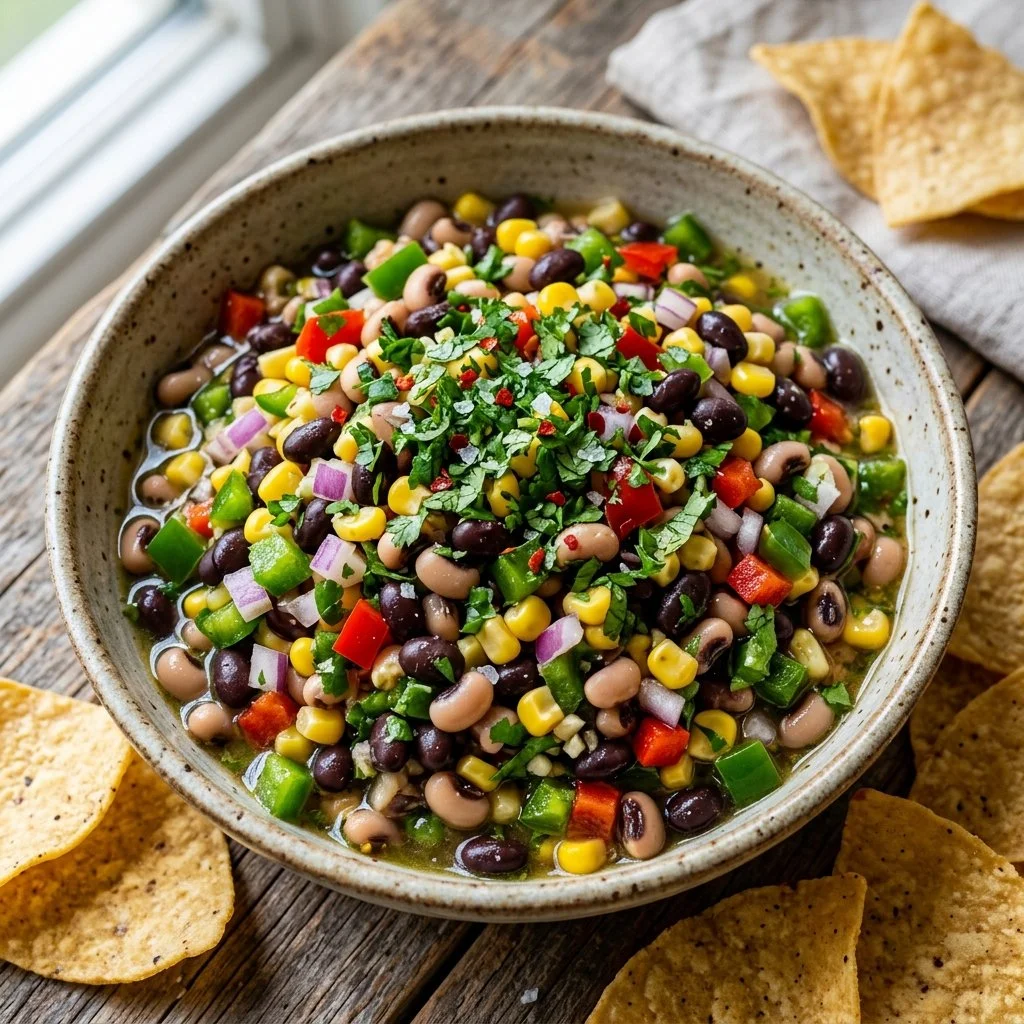 Bowl of fresh Cowboy Caviar with colorful vegetables and beans