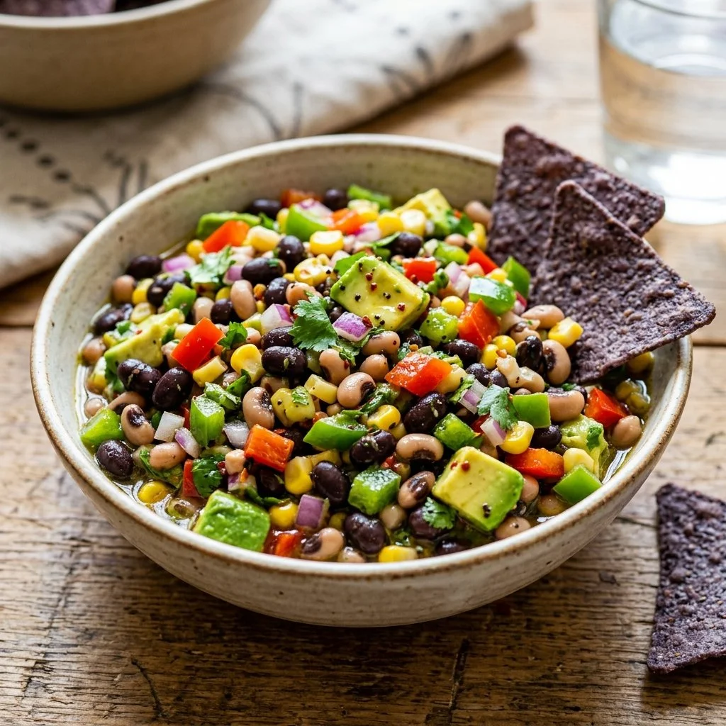 A bowl of colorful cowboy caviar made with beans, corn, and peppers.