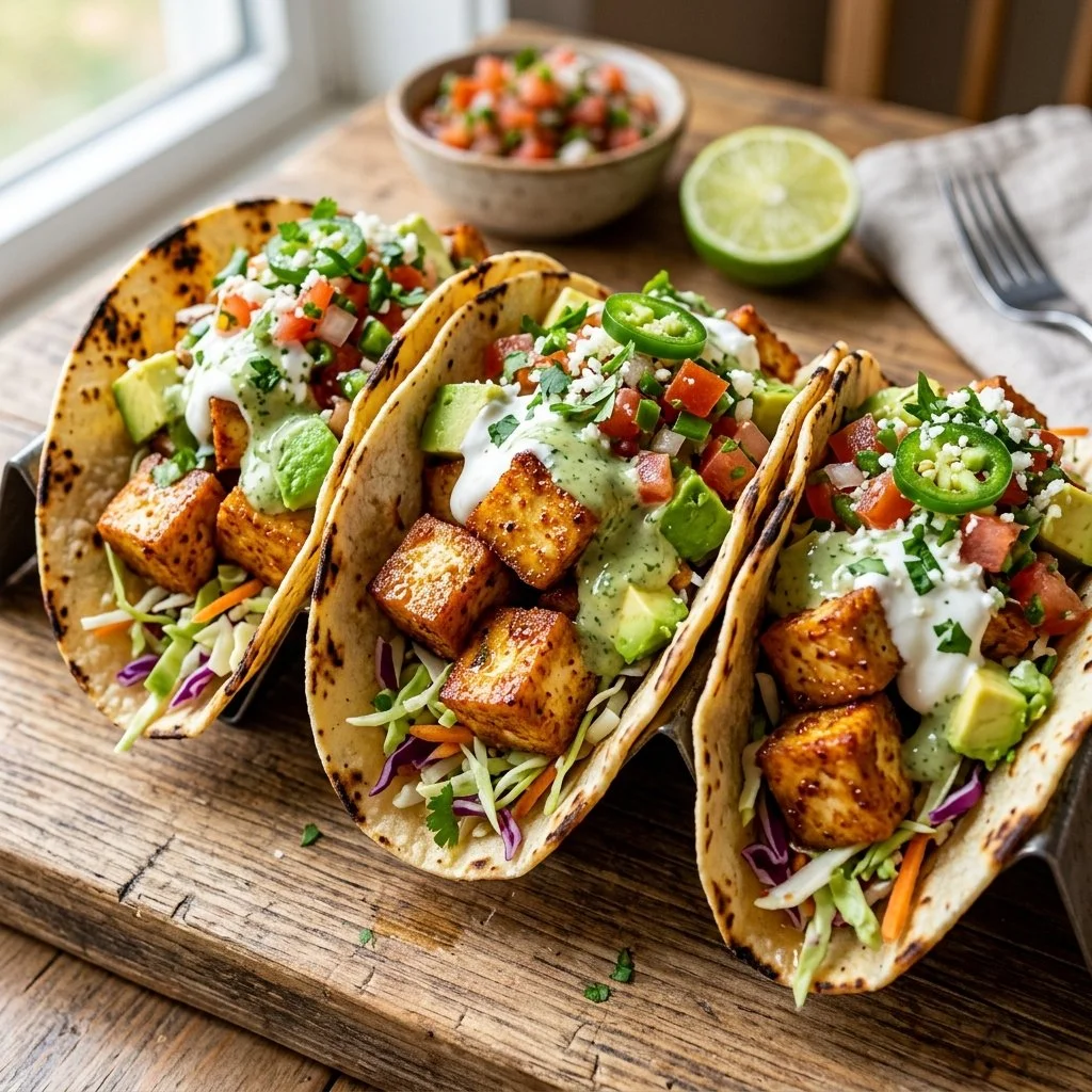 Delicious crispy tofu tacos served with fresh toppings and lime