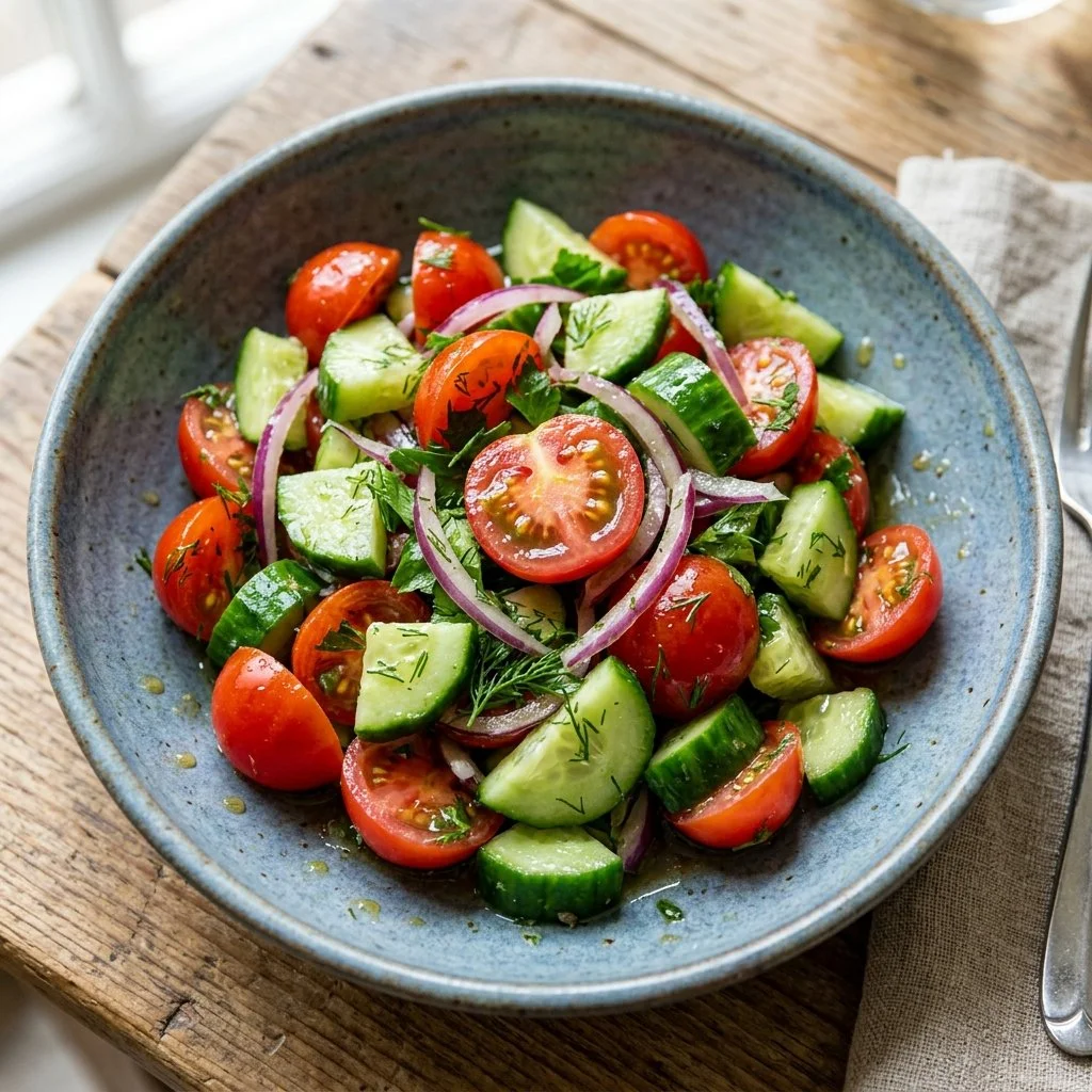 Cucumber tomato salad with fresh vegetables and vibrant dressing