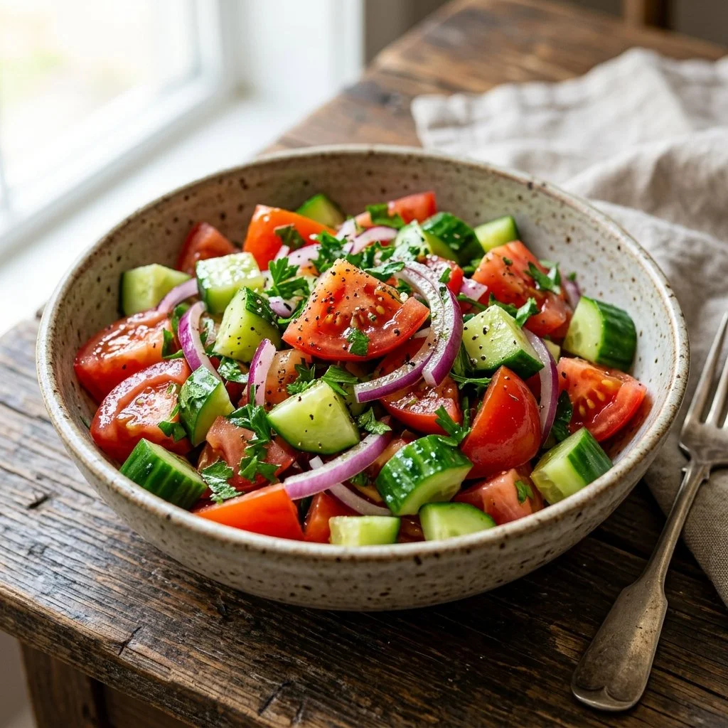 Fresh Cucumber Tomato Salad with herbs and dressing