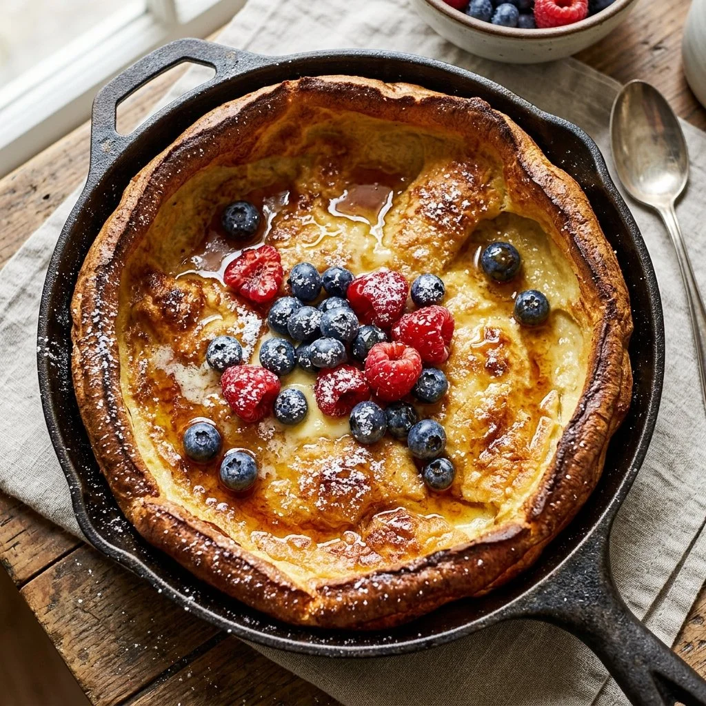 Fluffy Dutch Baby Pancake topped with fresh fruits and powdered sugar
