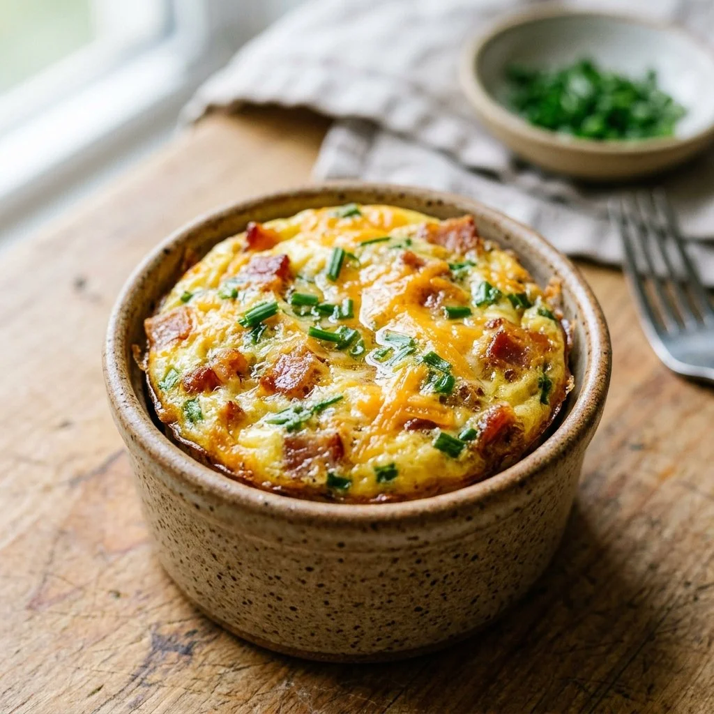A plate of fluffy egg bites garnished with herbs and vegetables.