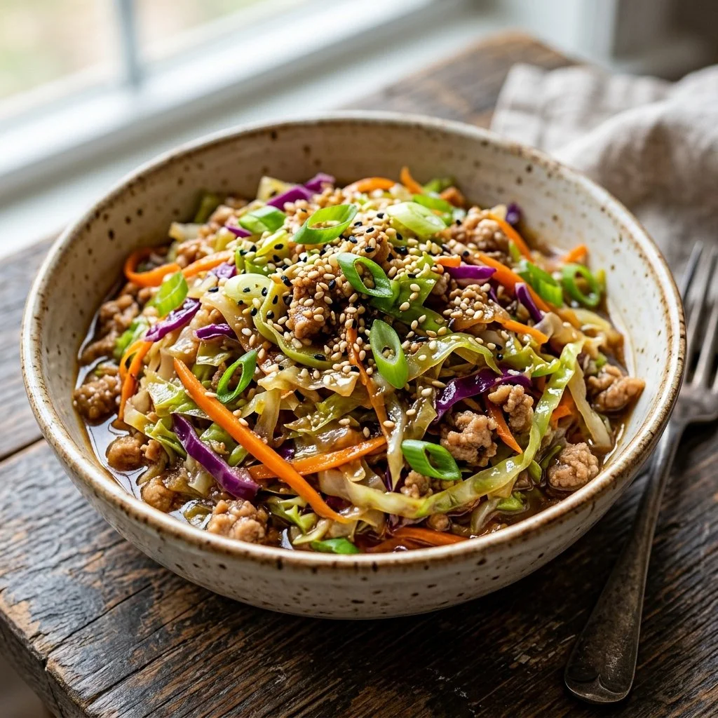 A vibrant egg roll in a bowl with vegetables and protein served in a bowl.