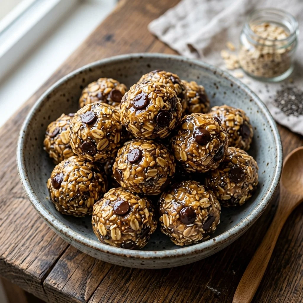 A variety of homemade energy bites made from nuts, seeds, and dried fruits.