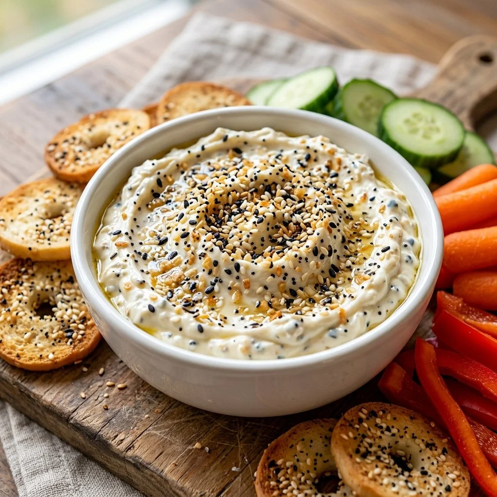 Creamy everything bagel dip served in a bowl with bagel chips and toppings