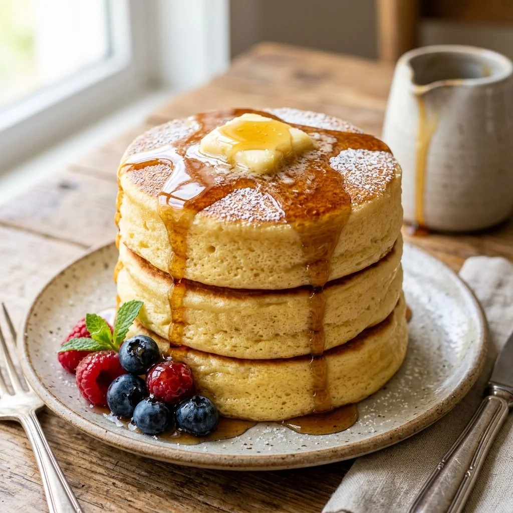 Delicious fluffy Japanese pancakes stacked with syrup and fruit