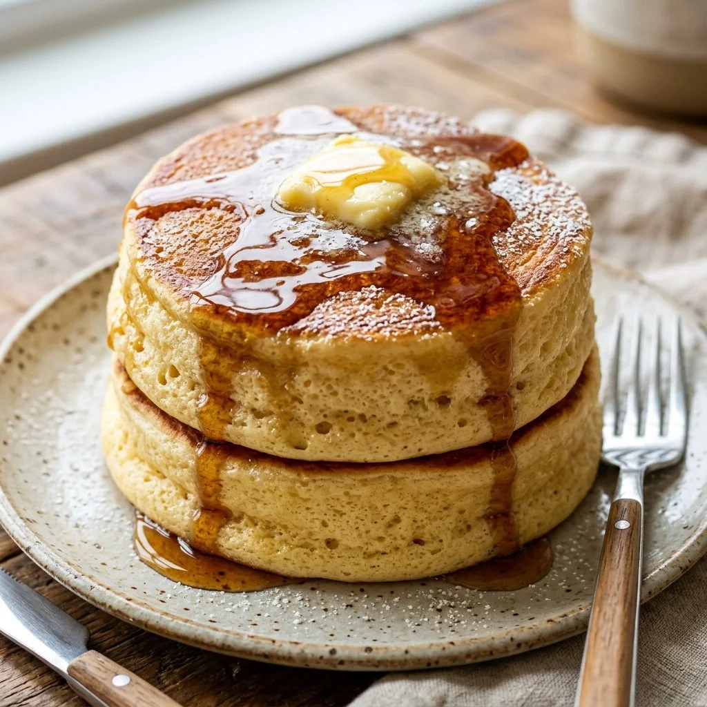 Fluffy Japanese pancakes stacked with syrup and berries