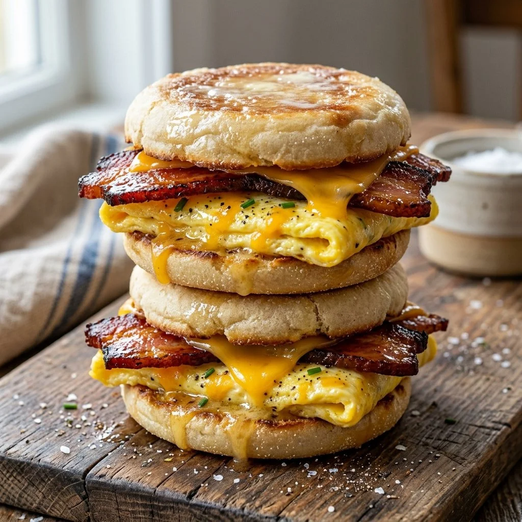 Homemade freezer breakfast sandwiches ready to be heated for a quick meal.