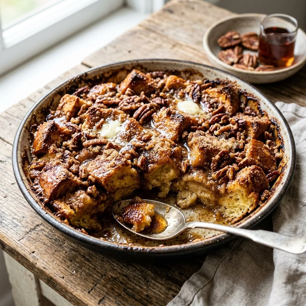 Baked French toast topped with syrup and berries for a delightful breakfast dish.
