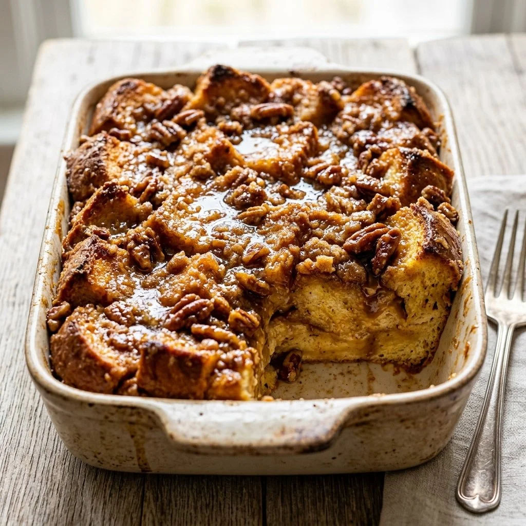 Delicious French Toast Casserole topped with syrup and berries.