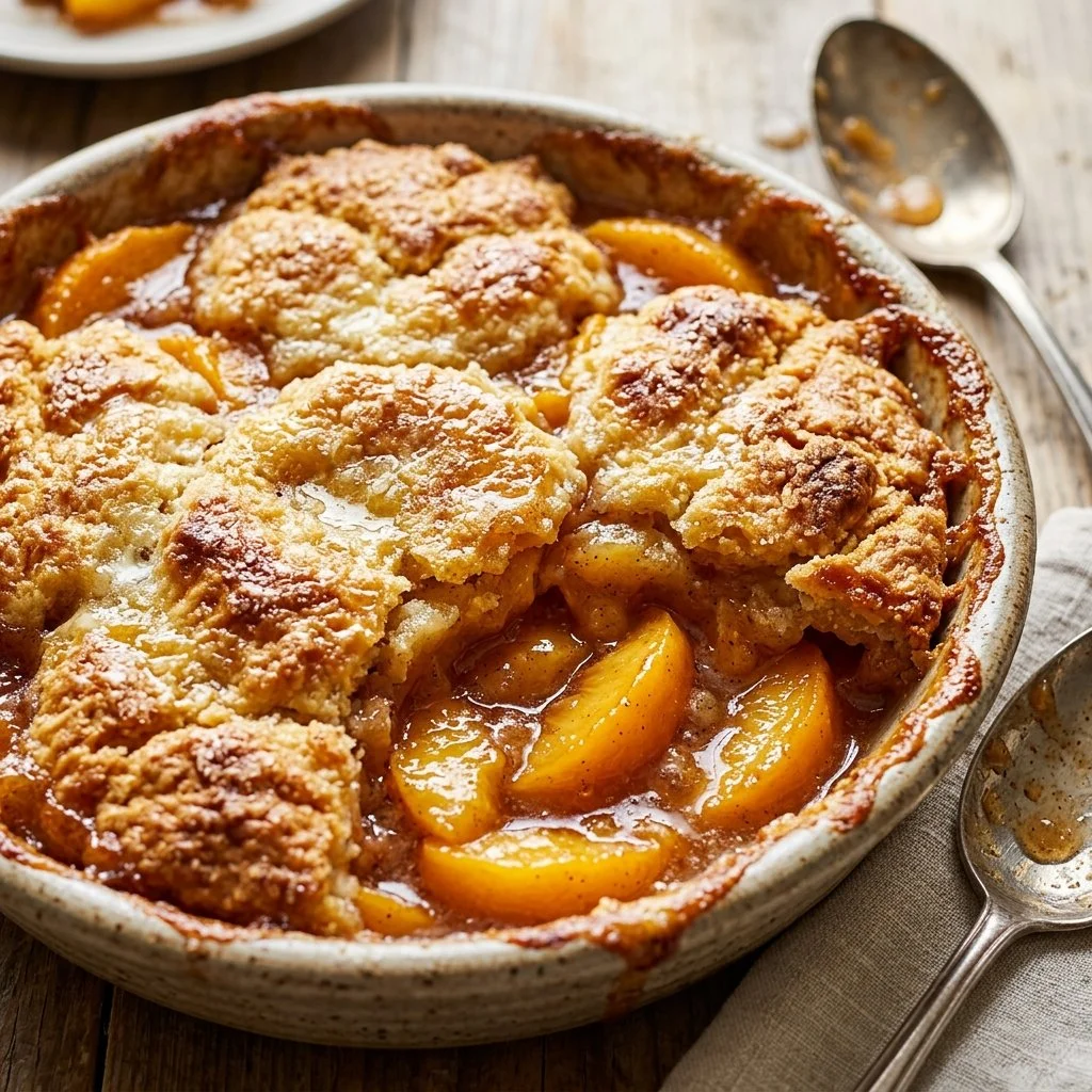 Delicious fresh peach cobbler served warm with a scoop of vanilla ice cream.