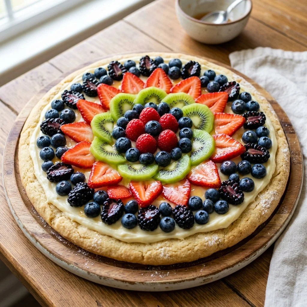 Delicious fruit pizza topped with assorted fresh fruits and a creamy spread.
